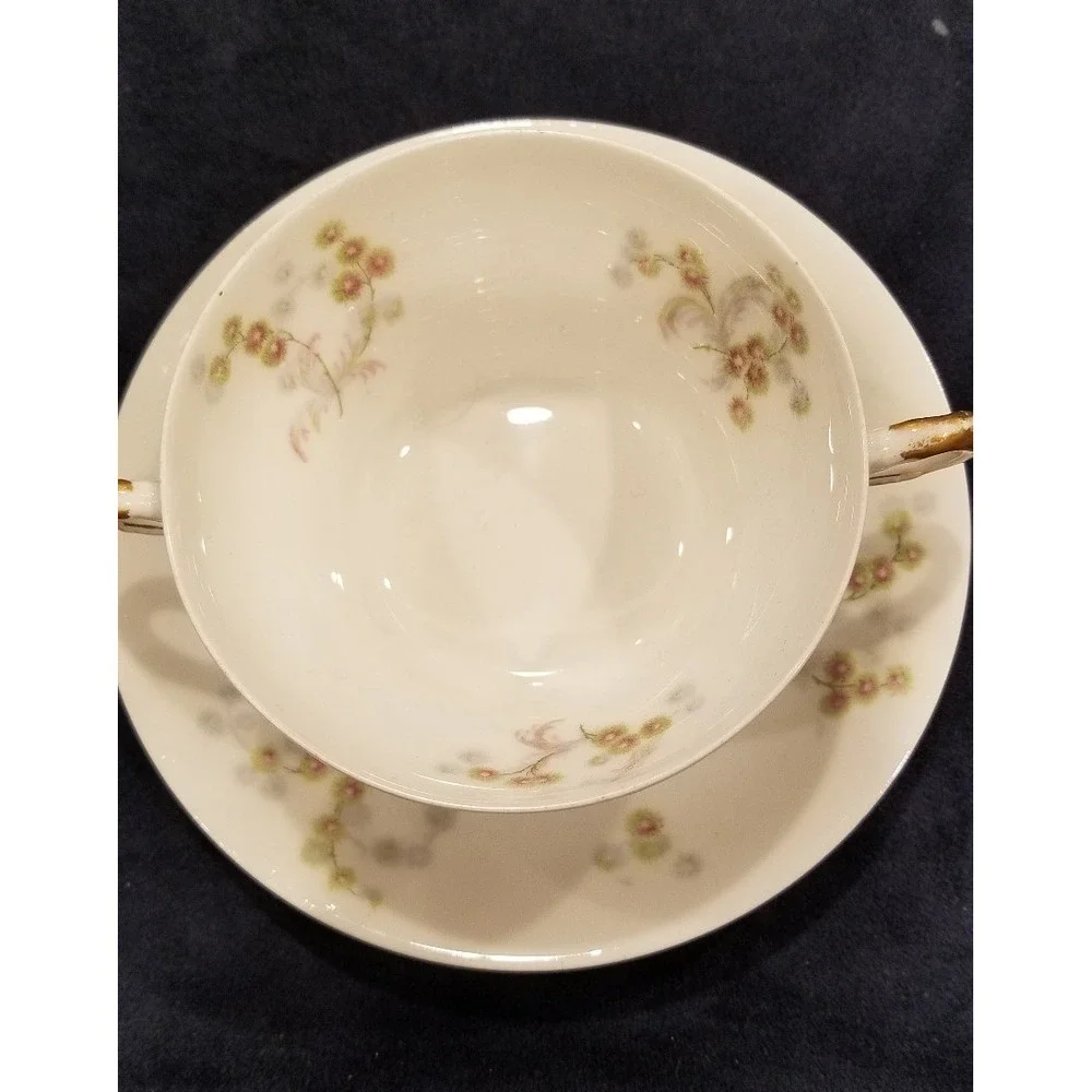 Theodore Havilland Limoges France Double Handled Cream Soup Cup & Saucer